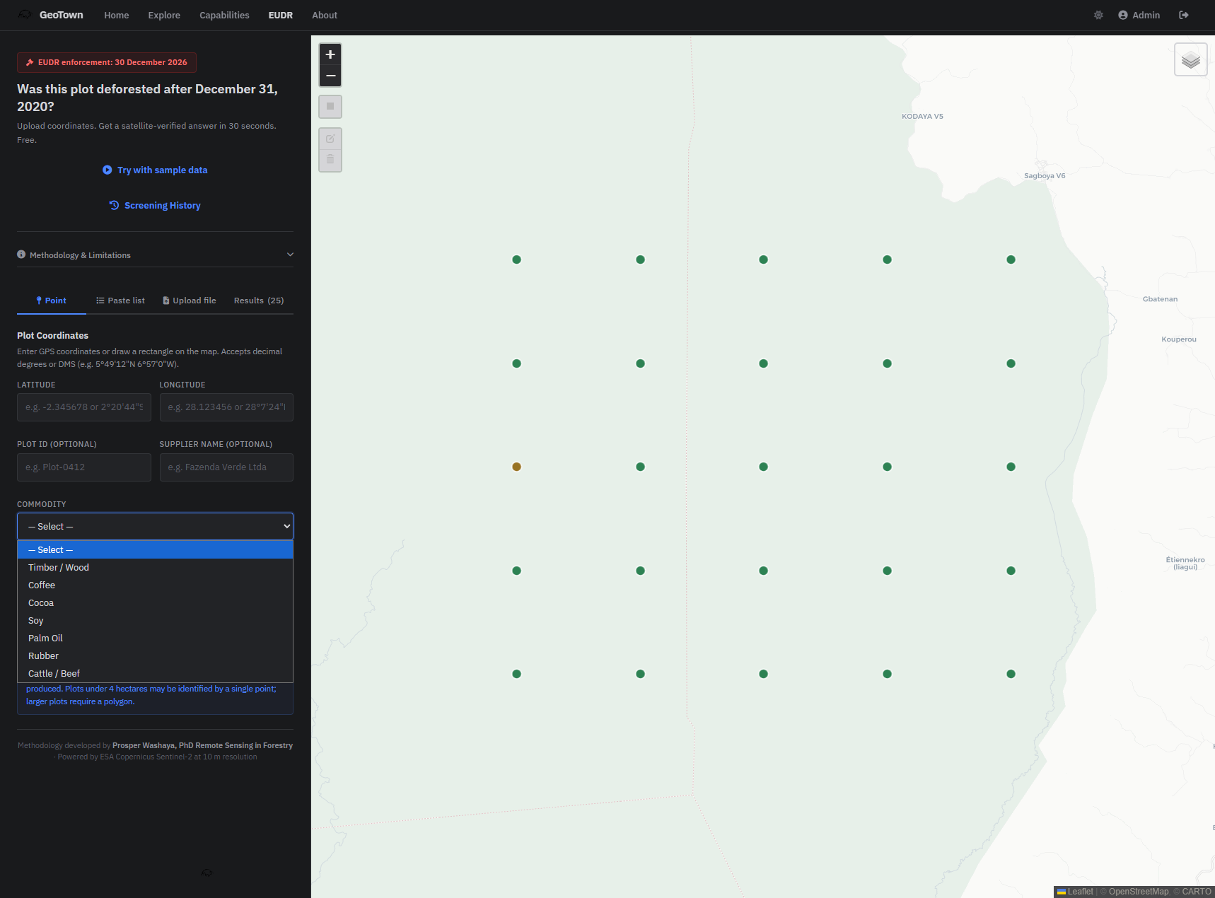 Commodity selector showing all 7 EUDR categories and plot size options referencing EUDR Article 9