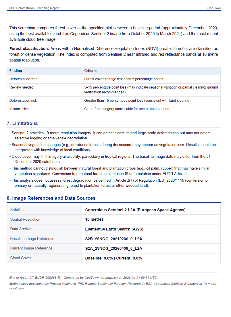 PDF report showing limitations section and exact satellite image references