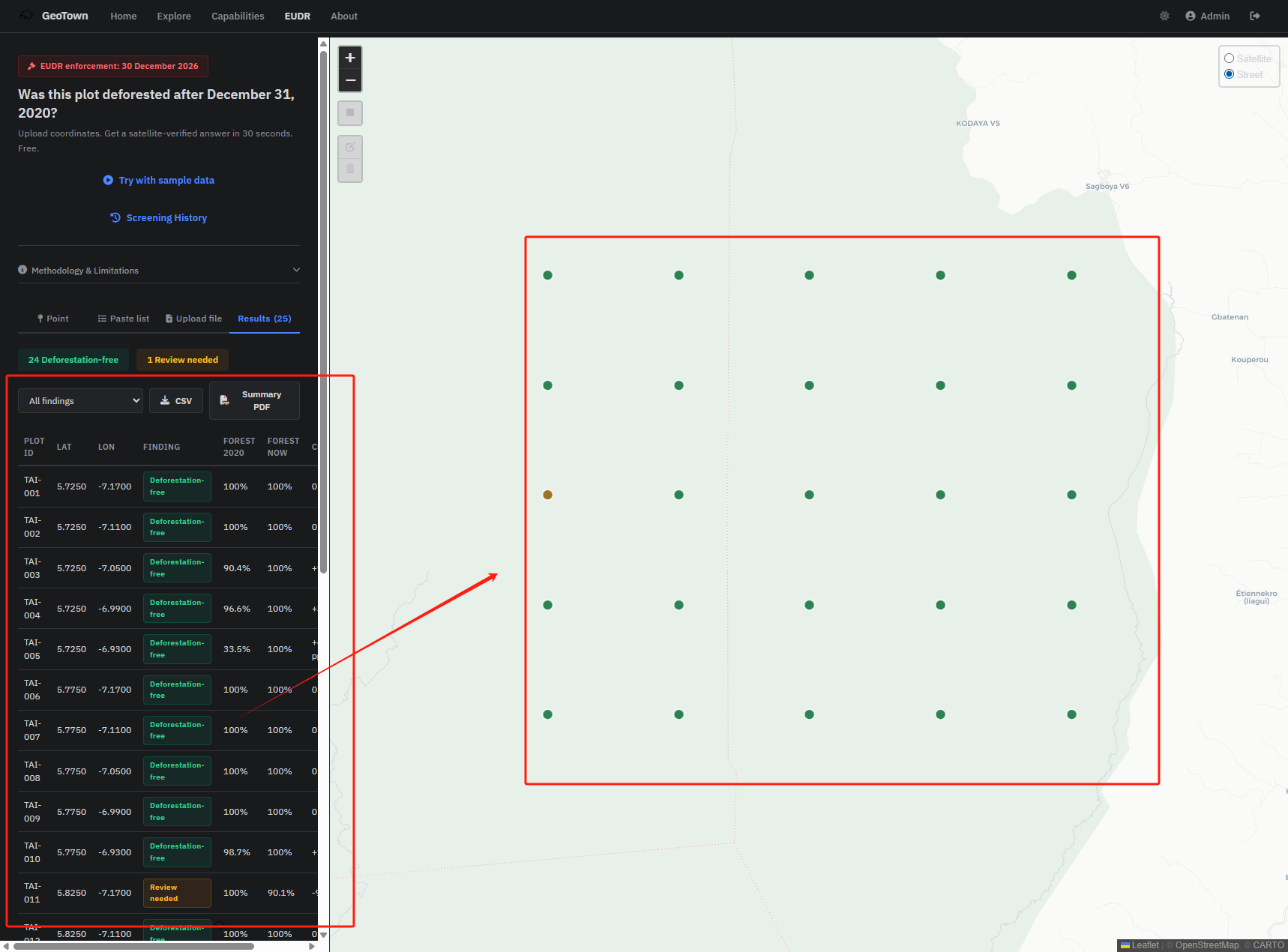 CSV upload showing 25 plots on a street map with the Soubre cocoa region visible