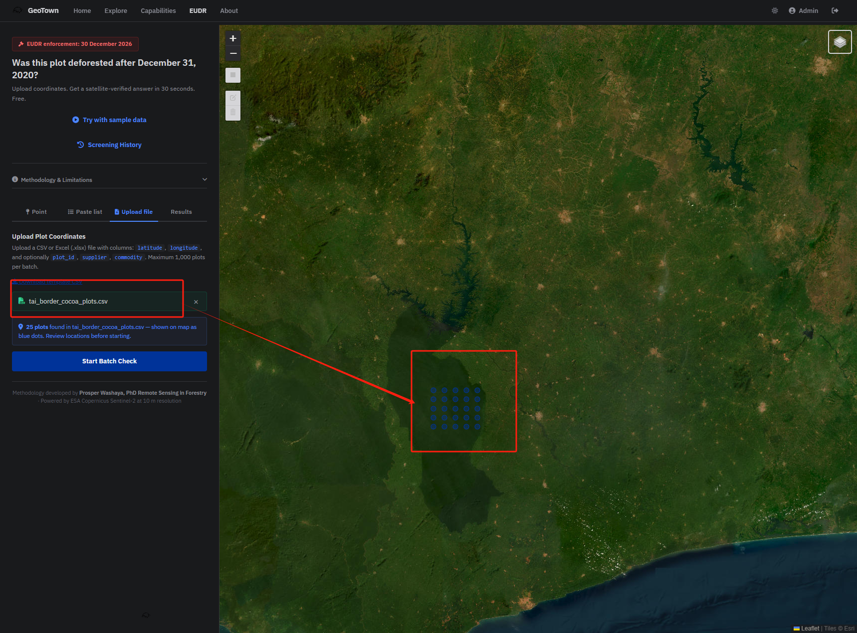 GeoTown EUDR screening tool with CSV uploaded and 25 plots shown on satellite imagery near Tai National Park